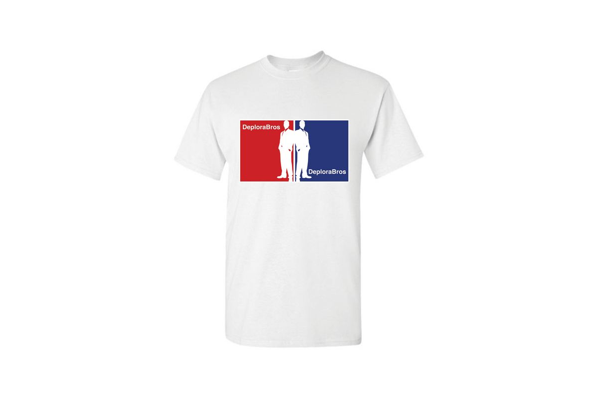 White T-Shirt with DeploraBros Logo on Front. 13" x 8" Logo. Red White and Blue